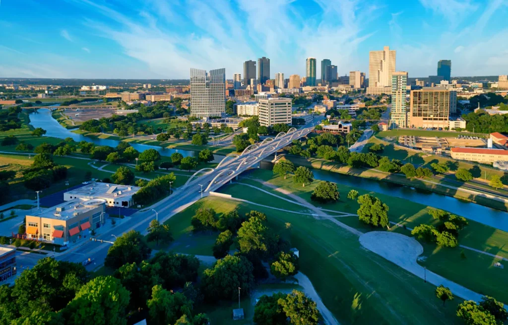 Aerial photo of Ft. Worth Texas skyline with drone.