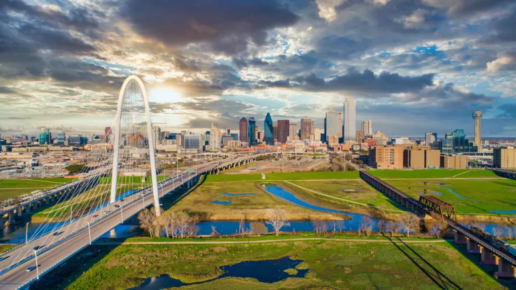 Aerial photo of Dallas Texas skyline with drone.